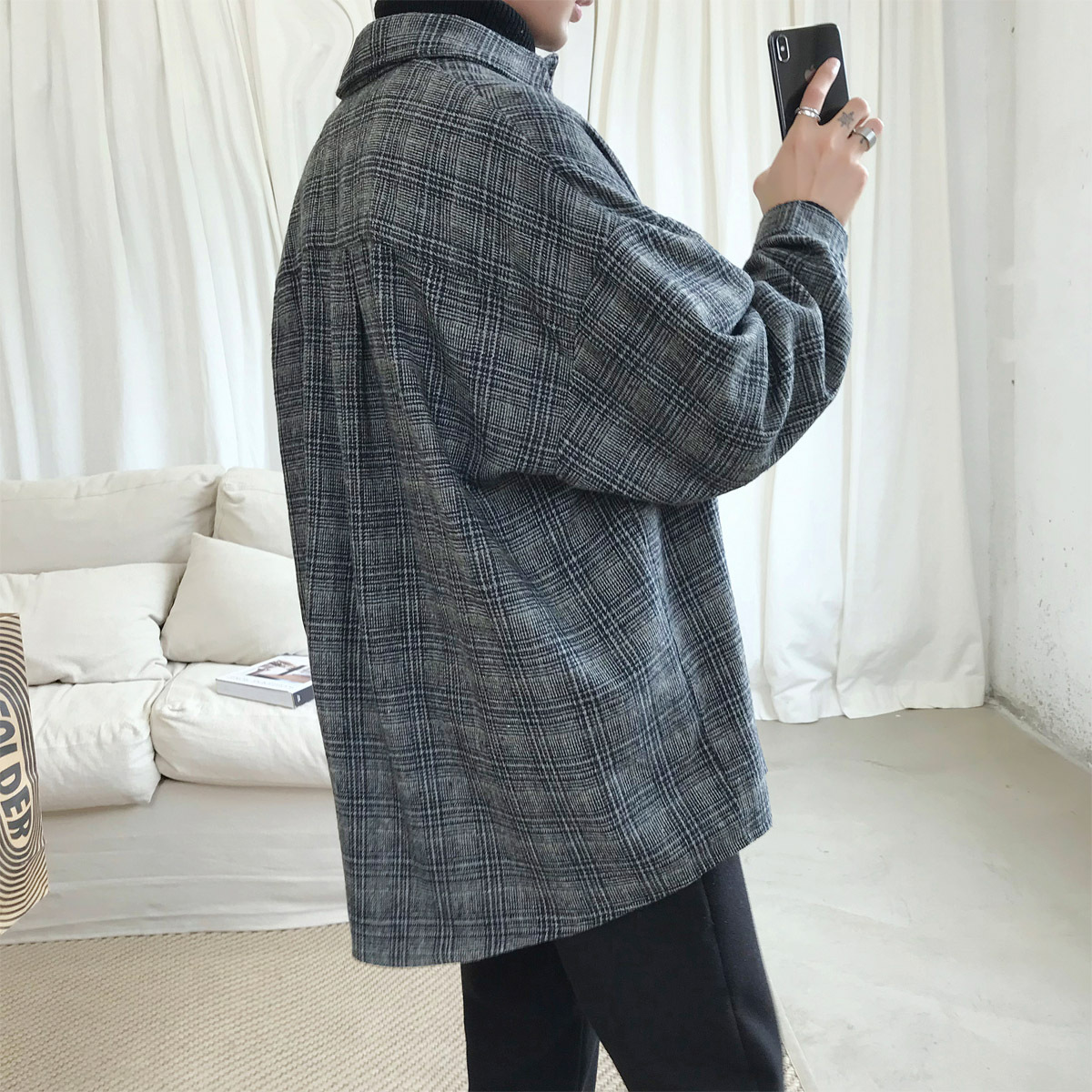 Men's Retro Plaid Wool Coat Side View