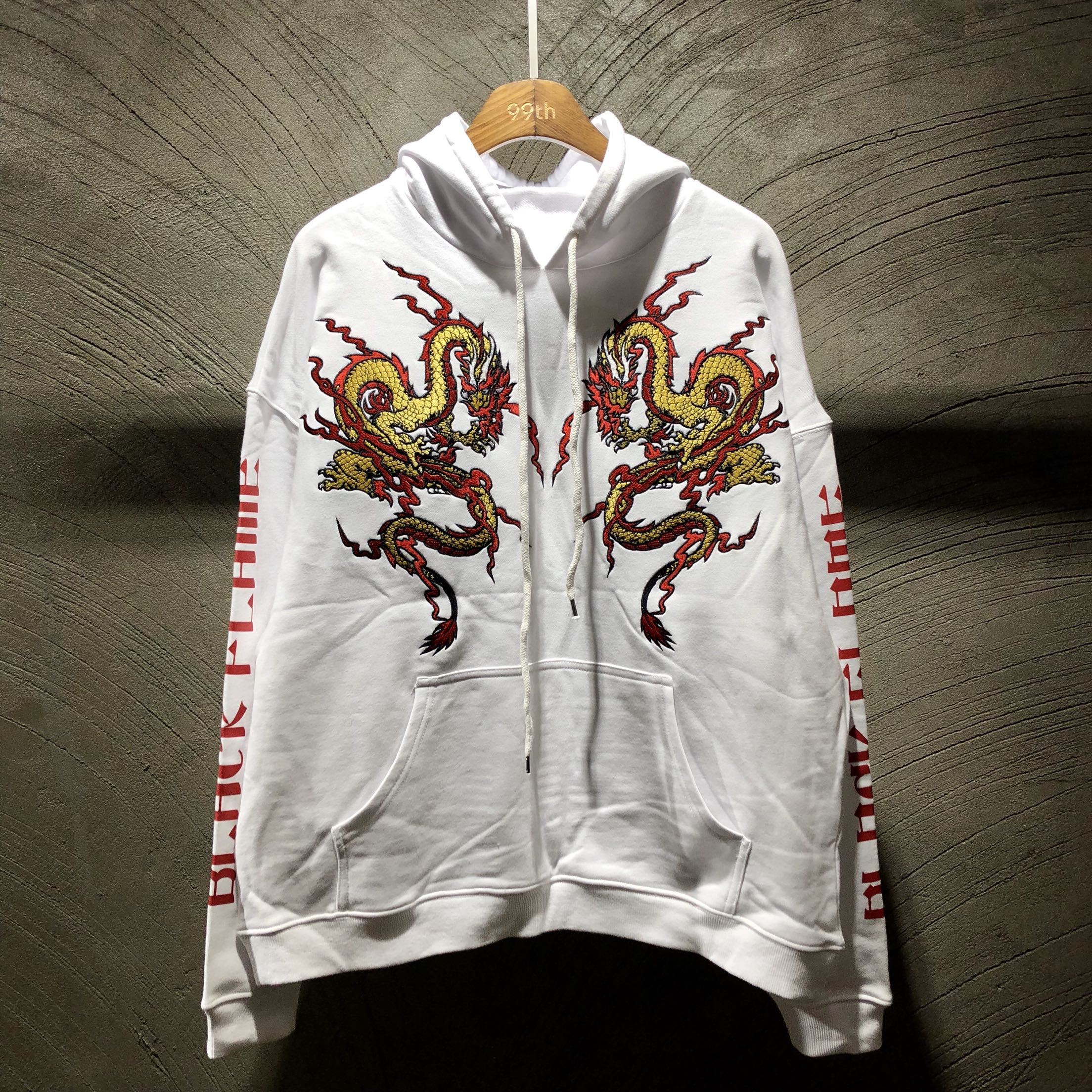 Black Oversized Hooded Sweatshirt with Dragon Embroidery