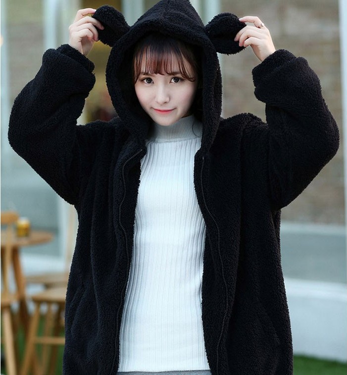 Close up of Hooded Plush Cartoon Jacket