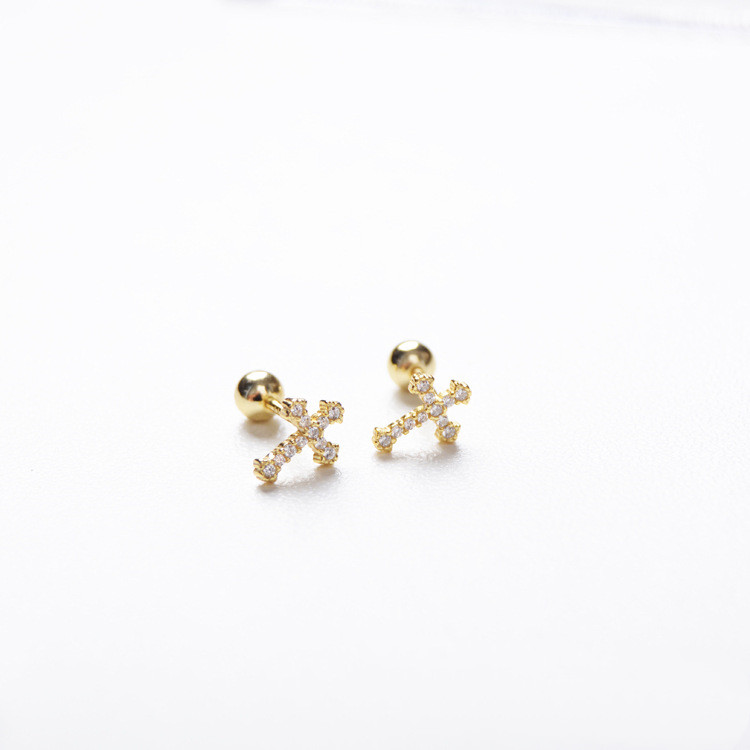 925 Sterling Silver Simple Cross Earrings - Gold
