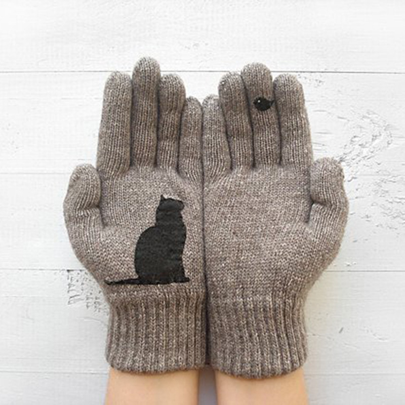 Cat and Bird Print Gloves Black