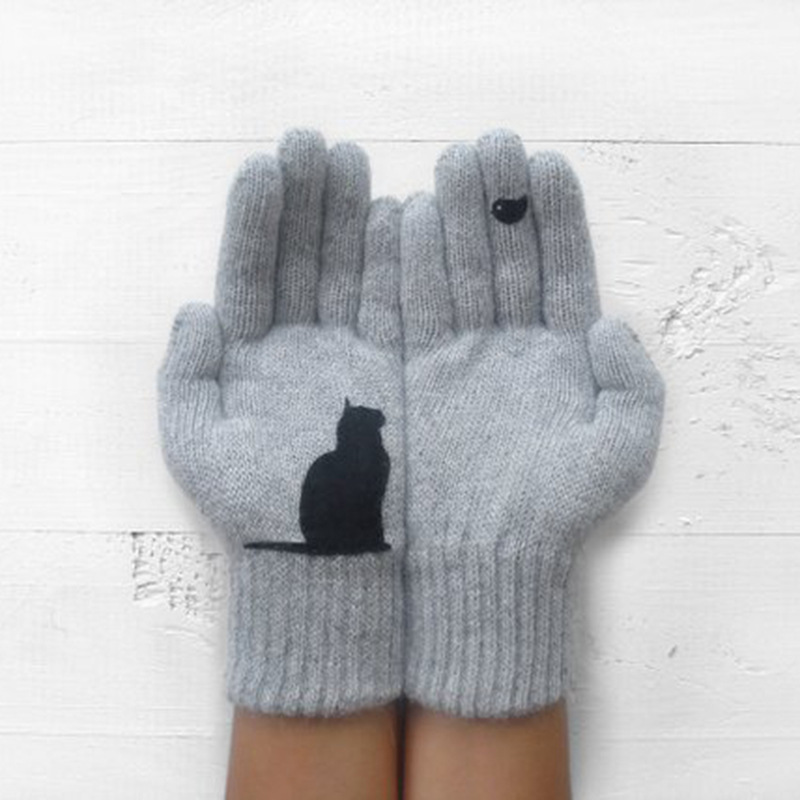 Cat and Bird Print Gloves Pink
