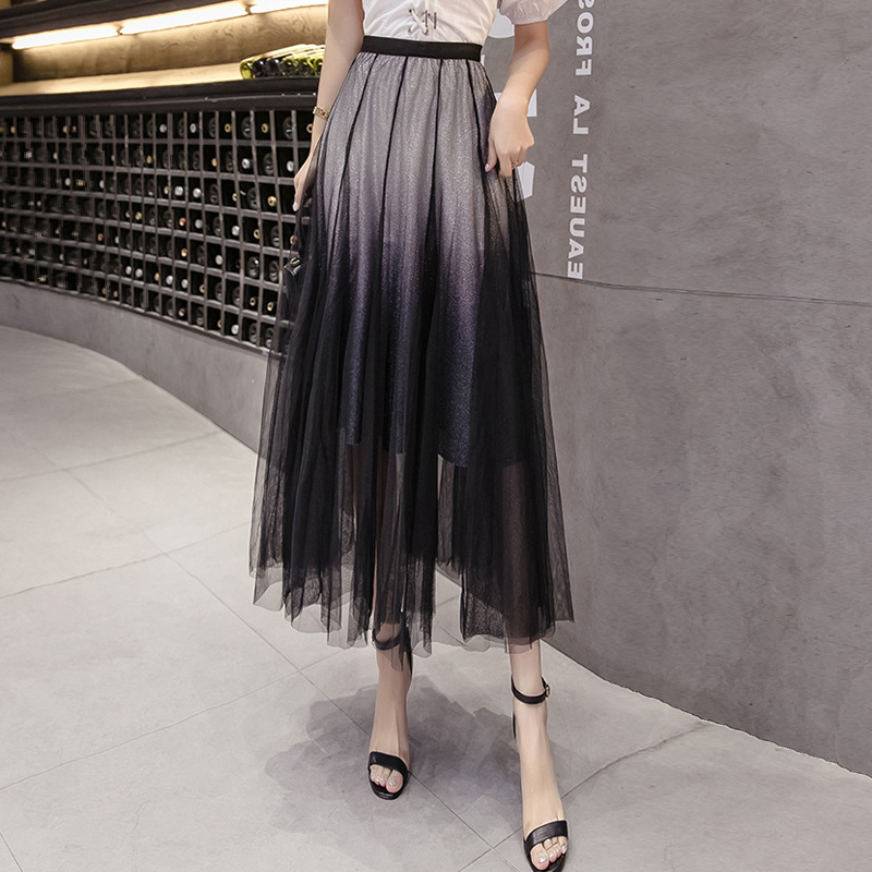 Blauwgrijze mesh midi-rok met kleurverloop