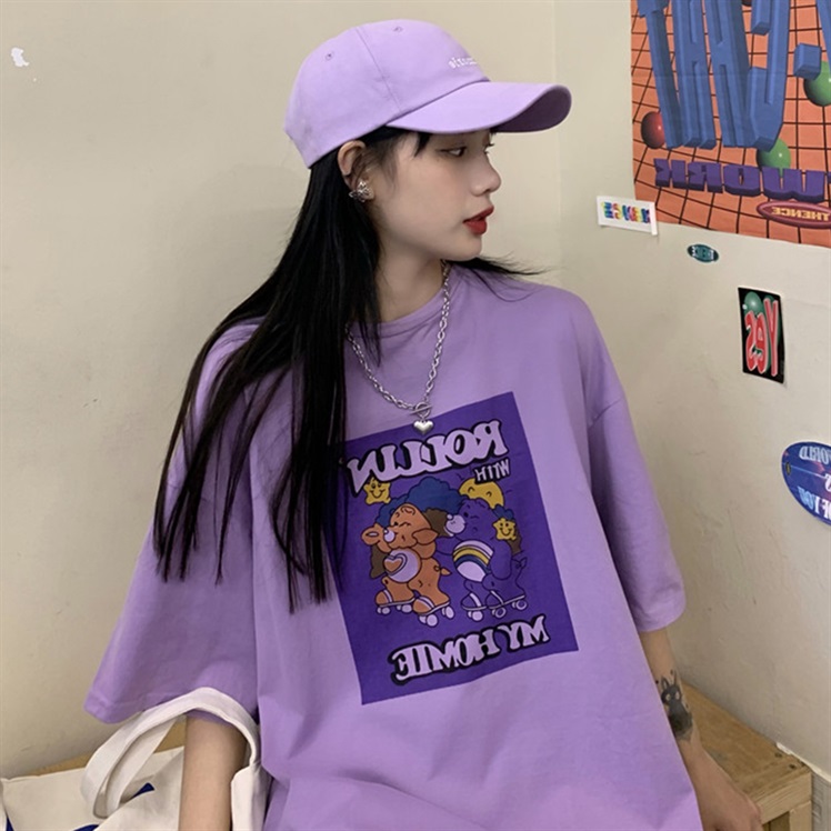 Lifestyle image of purple T-shirt