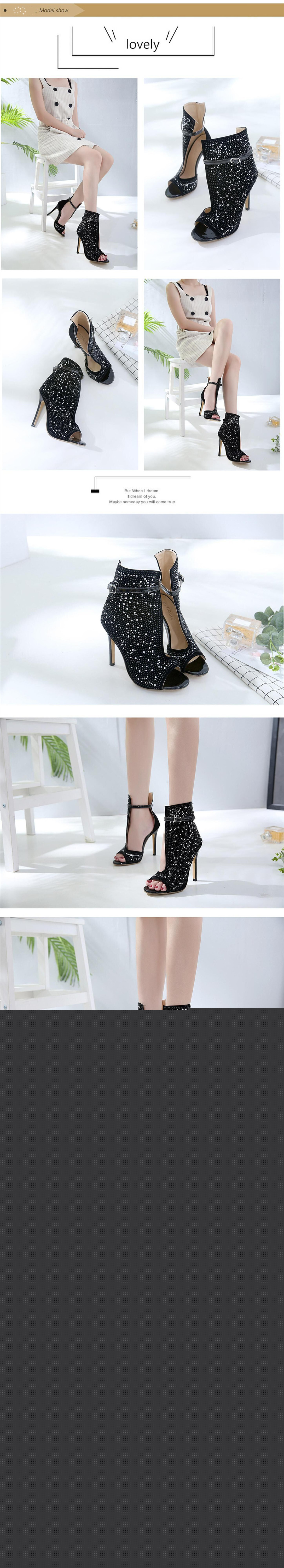 Women's High-Heeled Sandals - Black Peep-Toe with Rhinestones