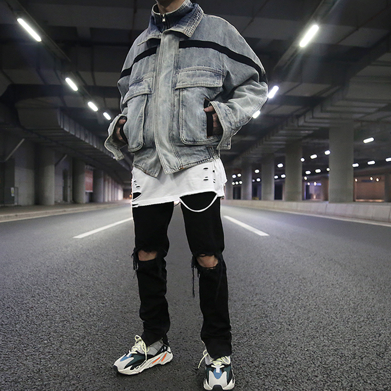 Vintage-washed denim jacket side view