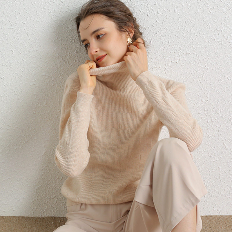 Women's 100% Merino Wool Turtleneck Sweater - Caramel Color - Model Wearing HS:6110301500 Age:Adult Gender:Female Origin:CN