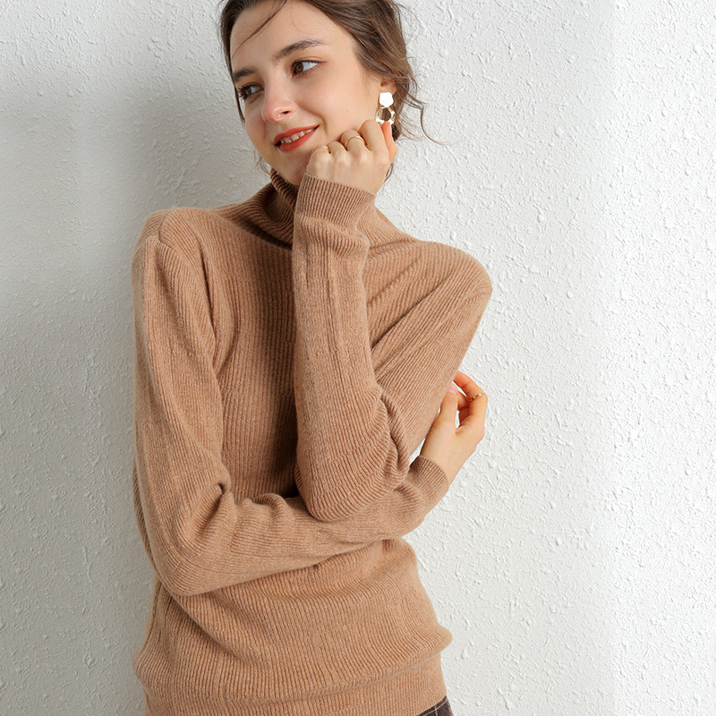 Women's 100% Merino Wool Turtleneck Sweater - Camel Color - Lifestyle Image