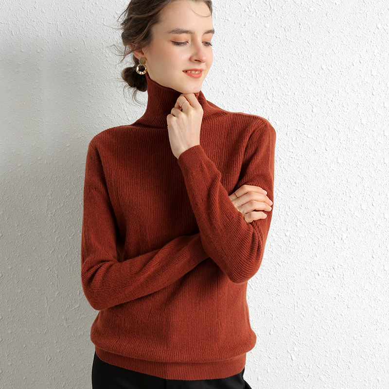 Women's 100% Merino Wool Turtleneck Sweater - Beige Color - Full Body View HS:6110301500 Age:Adult Gender:Female Origin:CN