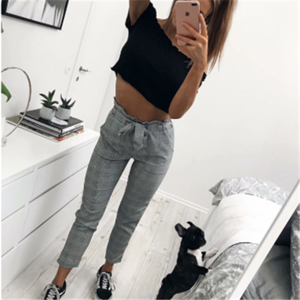 Stylish plaid high-waisted pants