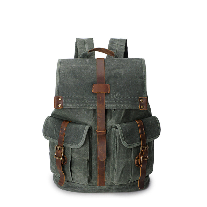 Men's Waxed Canvas Backpack - Side View - Adjustable Shoulder Straps and External Pocket