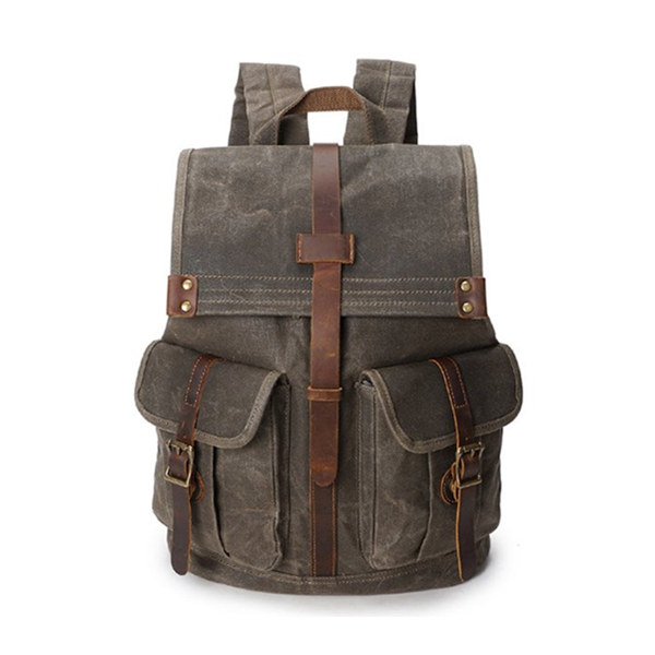 Men's Waxed Canvas Backpack - Army Green Front View - Vintage Leather Trim HS:420292 Age:Adult Gender:Male Origin:CN