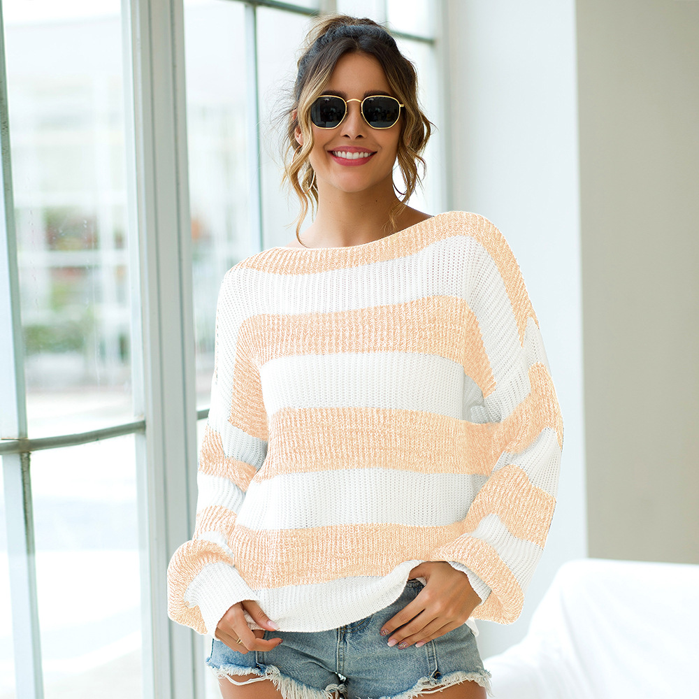 Striped Lantern Sleeve Oversized Knit Sweater Image 1