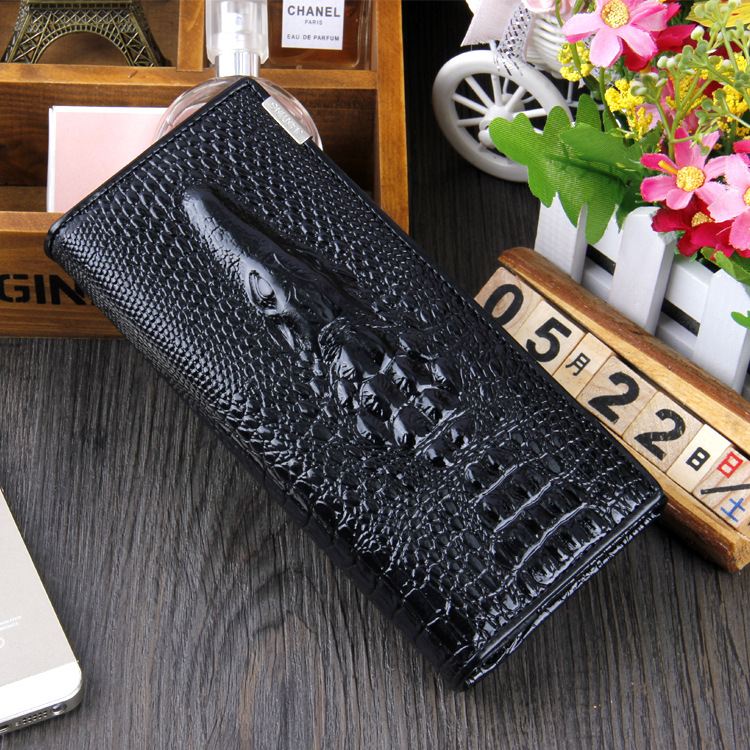 Crocodile Pattern Long Wallet - Black