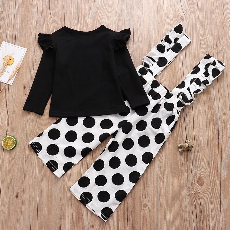 Black Long Sleeve Top and Polka Dot Pants Set