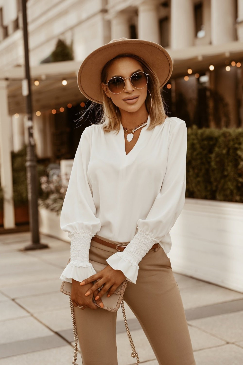 Casual styling with V-neck blouse