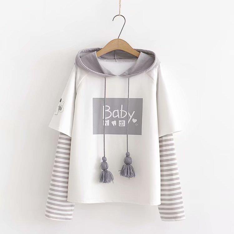 Cartoon print sweet tassel hooded long-sleeved pullover