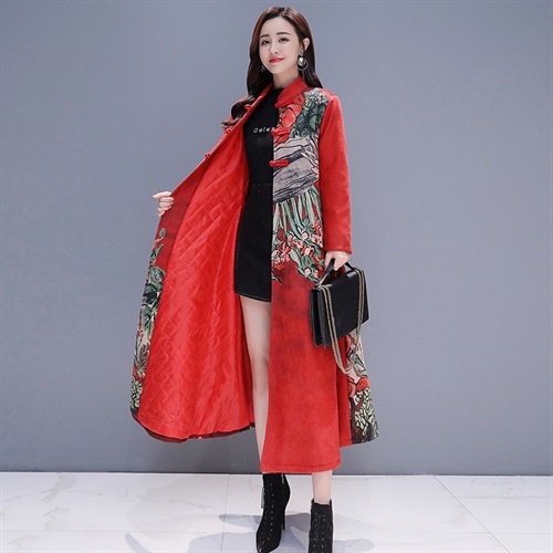 Deerskin printed windbreaker for women, long over the knee, 2019 autumn and winter new Chinese style women's retro ethnic style coat, deerskin printed windbreaker for women, long over the knee, 2019 autumn and winter, women's retro ethnic style coat