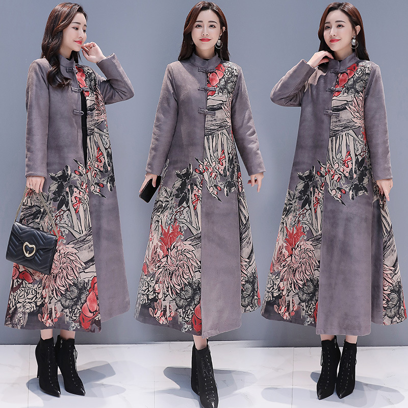 Deerskin printed windbreaker for women, long over the knee, 2019 autumn and winter new Chinese style women's retro ethnic style coat, deerskin printed windbreaker for women, long over the knee, 2019 autumn and winter, women's retro ethnic style coat