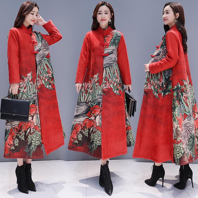 Deerskin printed windbreaker for women, long over the knee, 2019 autumn and winter new Chinese style women's retro ethnic style coat, deerskin printed windbreaker for women, long over the knee, 2019 autumn and winter, women's retro ethnic style coat