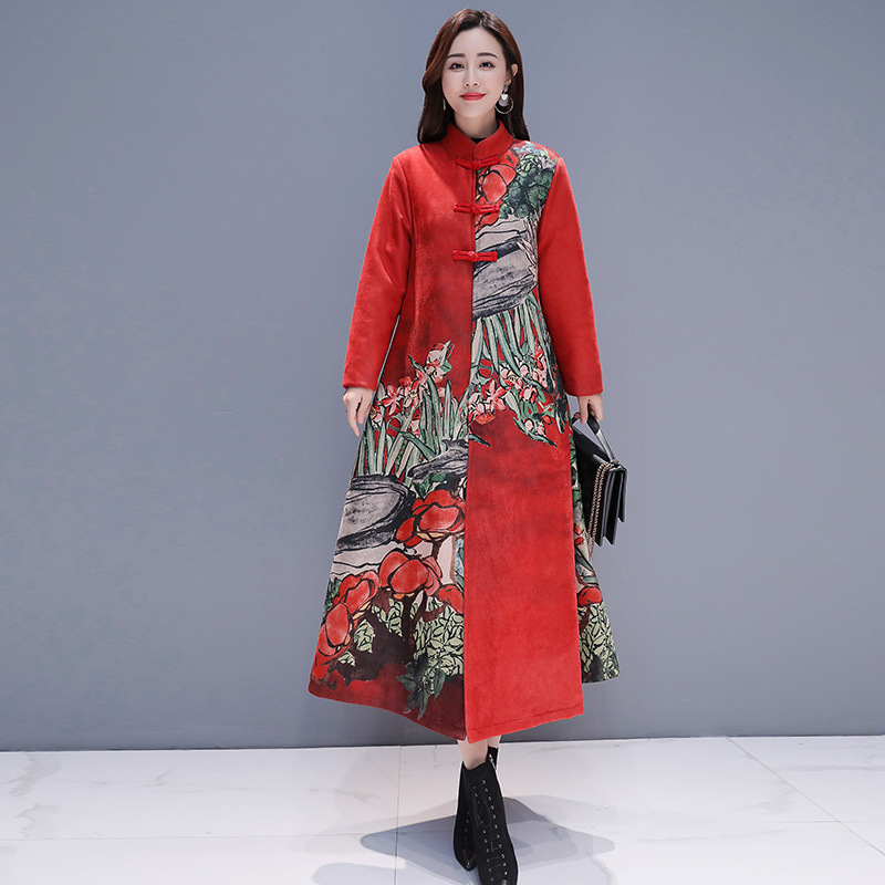 Deerskin printed windbreaker for women, long over the knee, 2019 autumn and winter new Chinese style women's retro ethnic style coat, deerskin printed windbreaker for women, long over the knee, 2019 autumn and winter, women's retro ethnic style coat