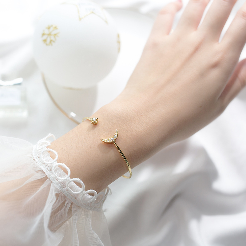 Silver Crescent Moon and Star Bracelet