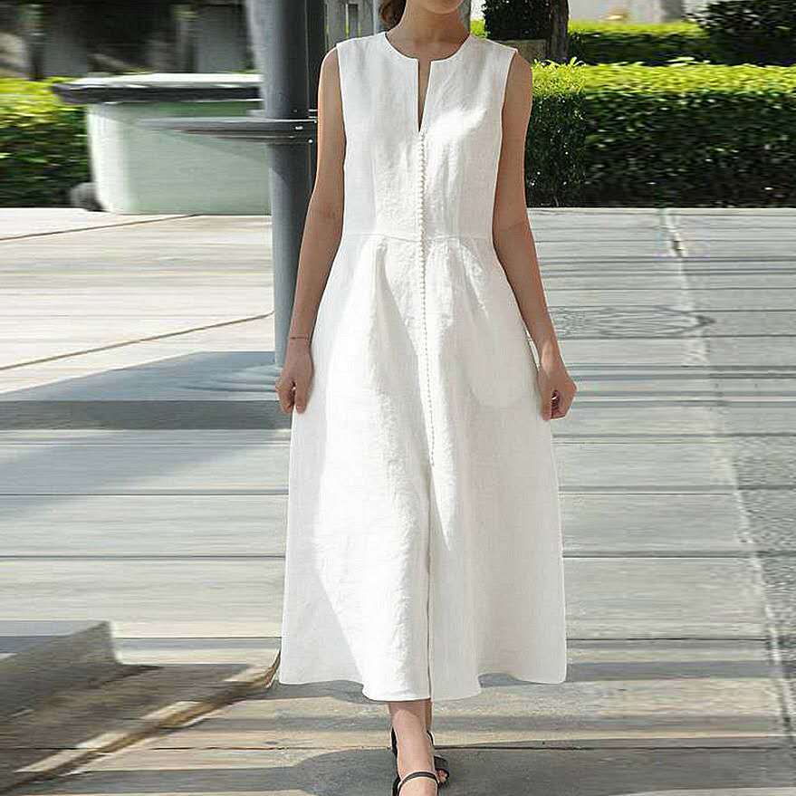 V-Neck Waist-Tie Cotton Dress Image 5