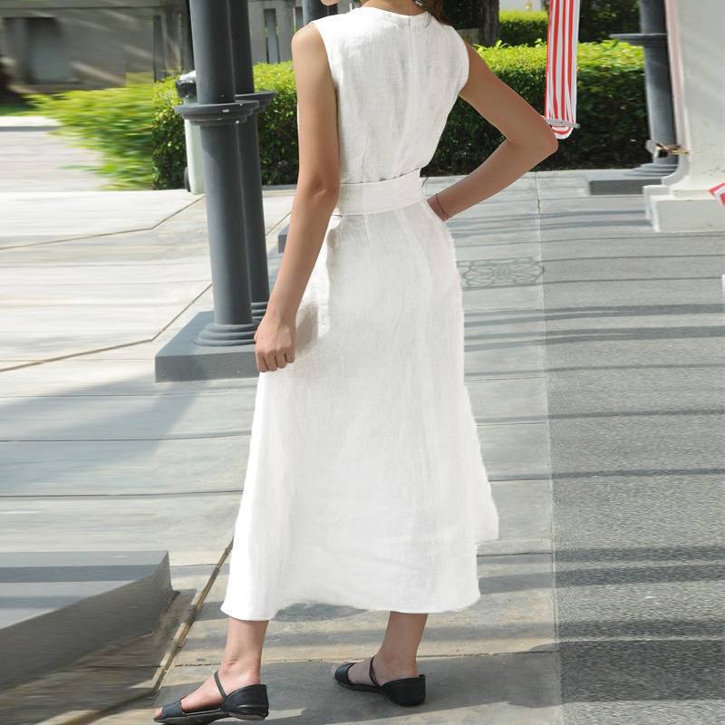 V-Neck Waist-Tie Cotton Dress Image 6