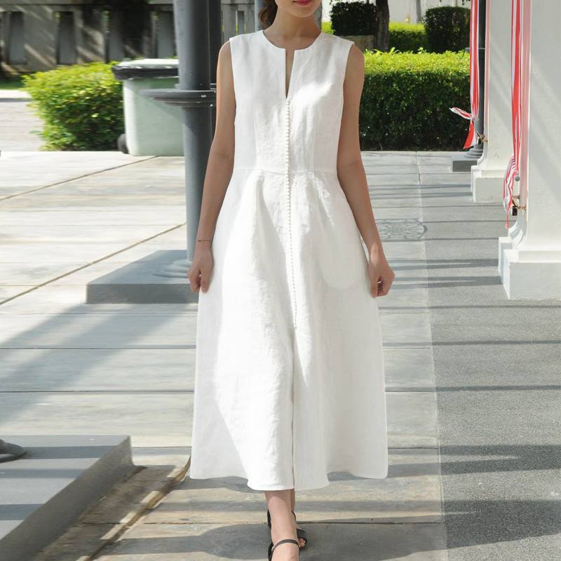 V-Neck Waist-Tie Cotton Dress Image 3