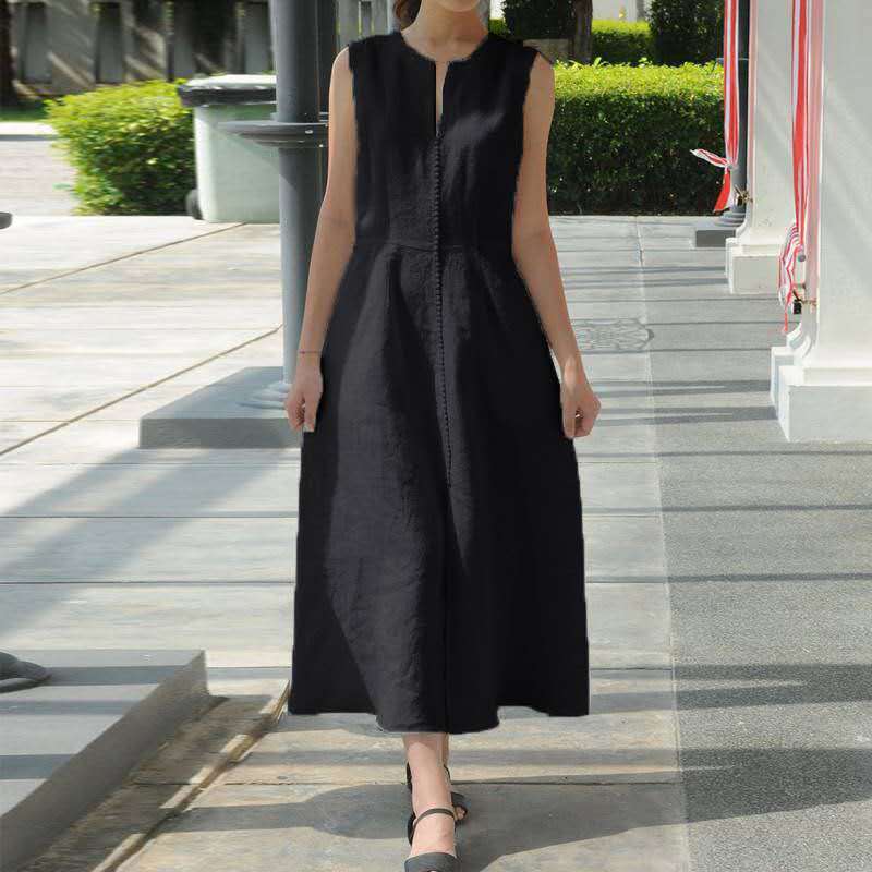 V-Neck Waist-Tie Cotton Dress Image 4