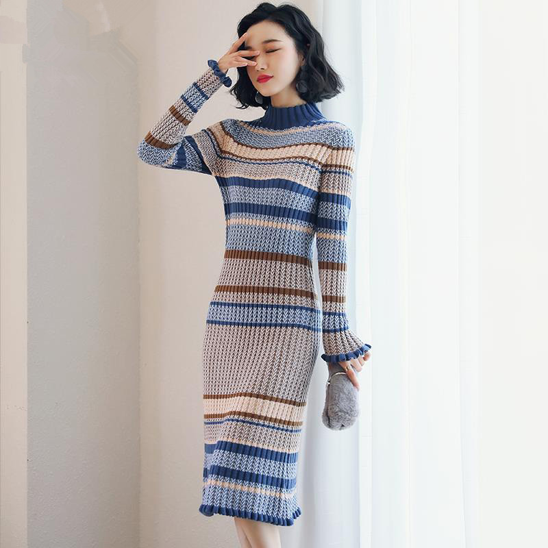 Knitted High Neck Dress - Blue