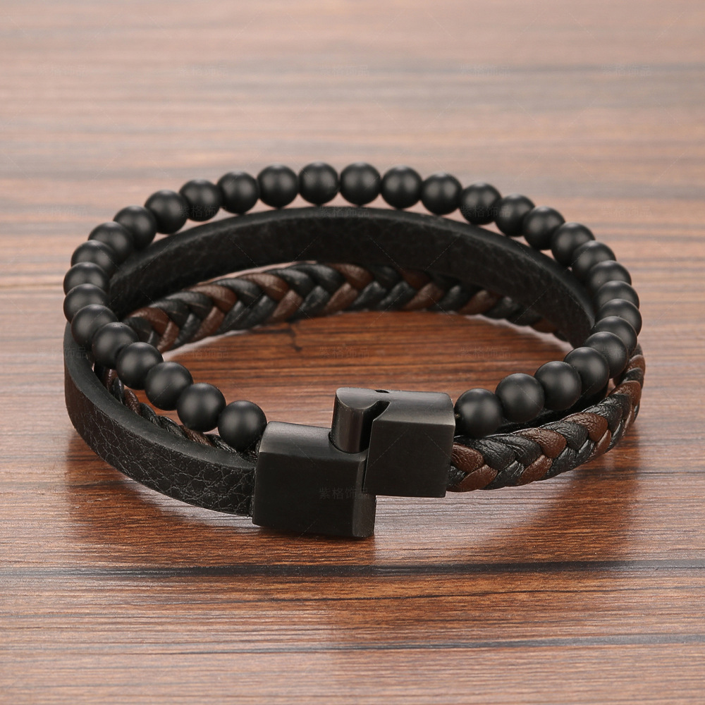 Natural Stone Volcanic Rock Leather Bracelet Image 4