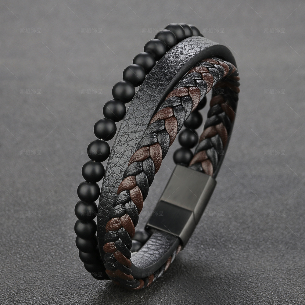 Natural Stone Volcanic Rock Leather Bracelet Image 5