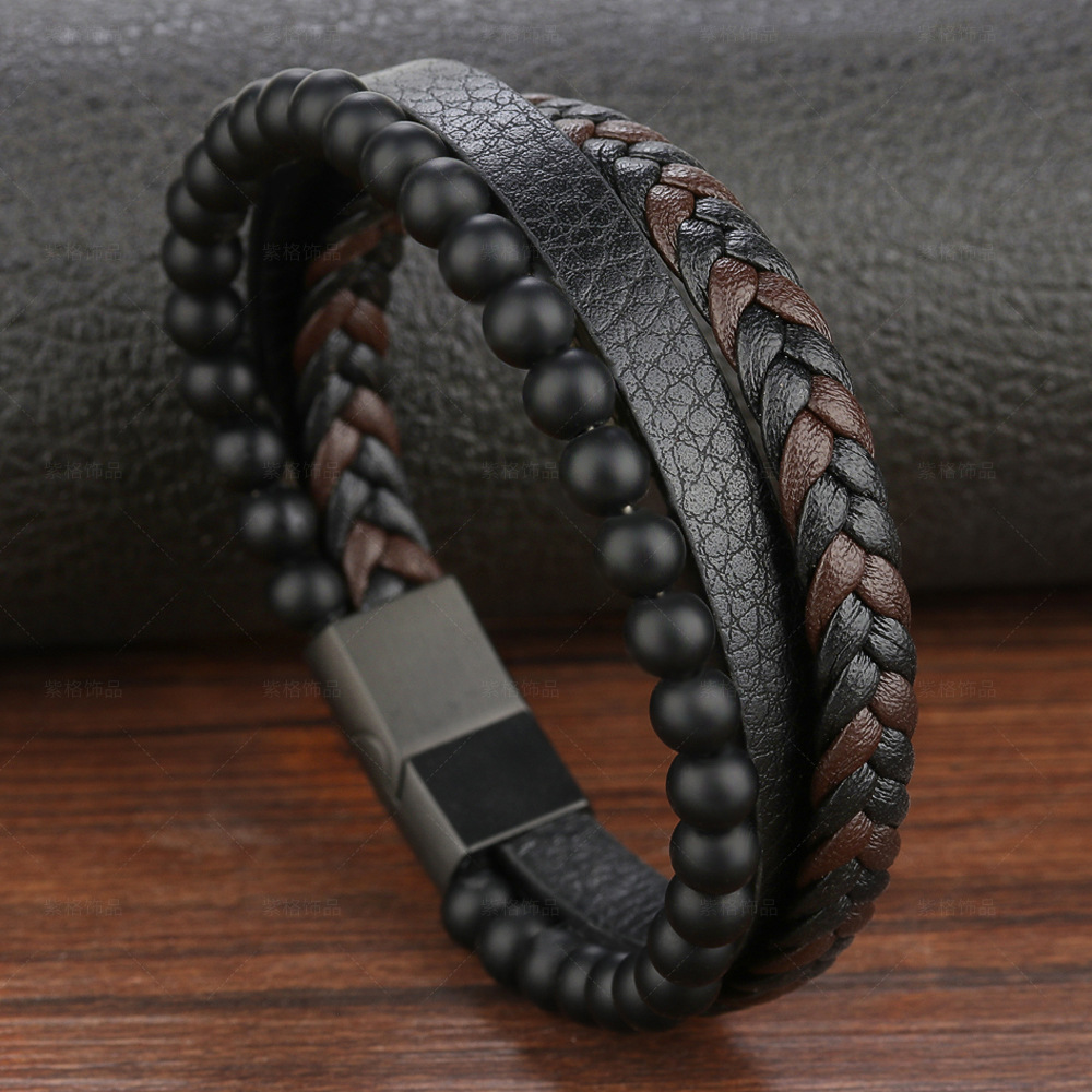 Natural Stone Volcanic Rock Leather Bracelet Image 3
