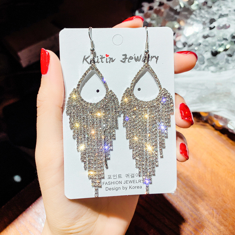 Long Rhinestone Tassel Earrings - Image 3