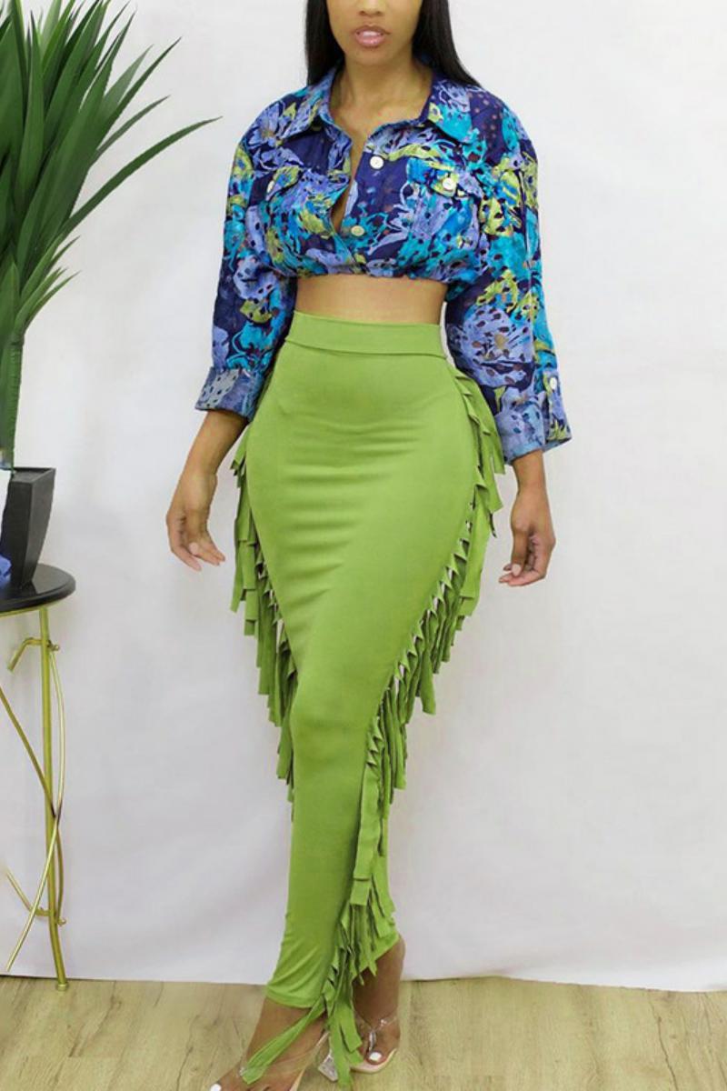 Casual High Waist Pleated Mid-length Fringed Skirt 4