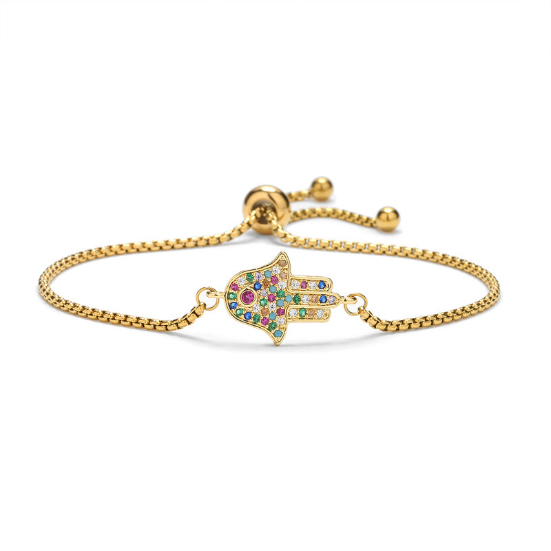 Copper Micro Inlaid Zircon Palm Adjustable Stainless Steel Bracelet - Gold