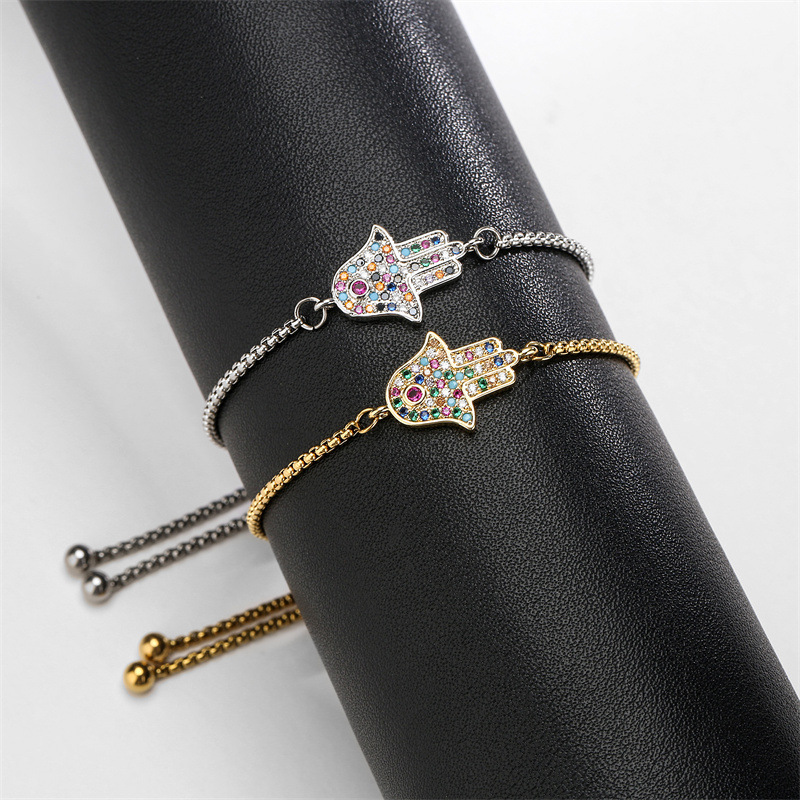 Copper Micro Inlaid Zircon Palm Adjustable Stainless Steel Bracelet - Black