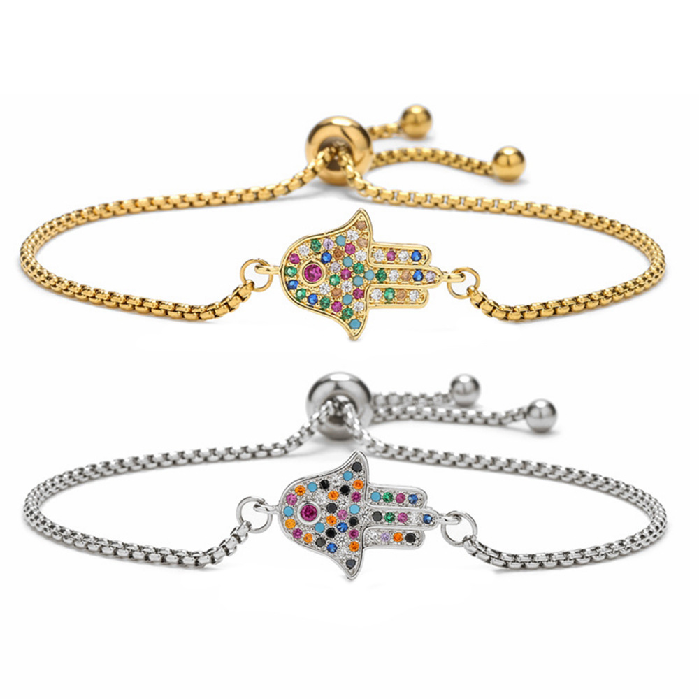 Copper Micro Inlaid Zircon Palm Adjustable Stainless Steel Bracelet - All Colors