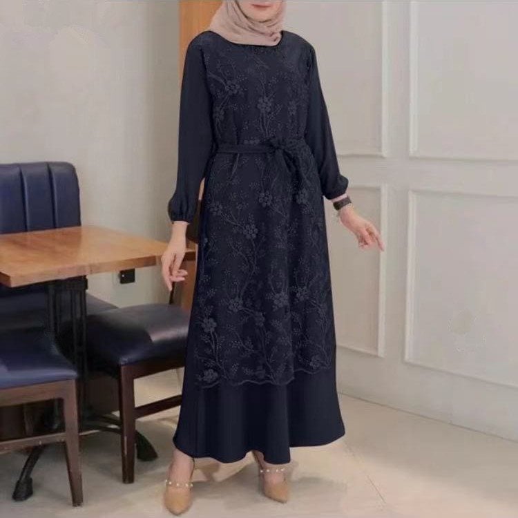 Muslim Round Neck Lace Floral Dress Image 3
