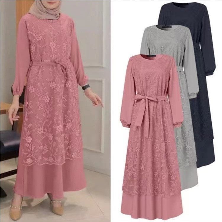 Muslim Round Neck Lace Floral Dress Image 5