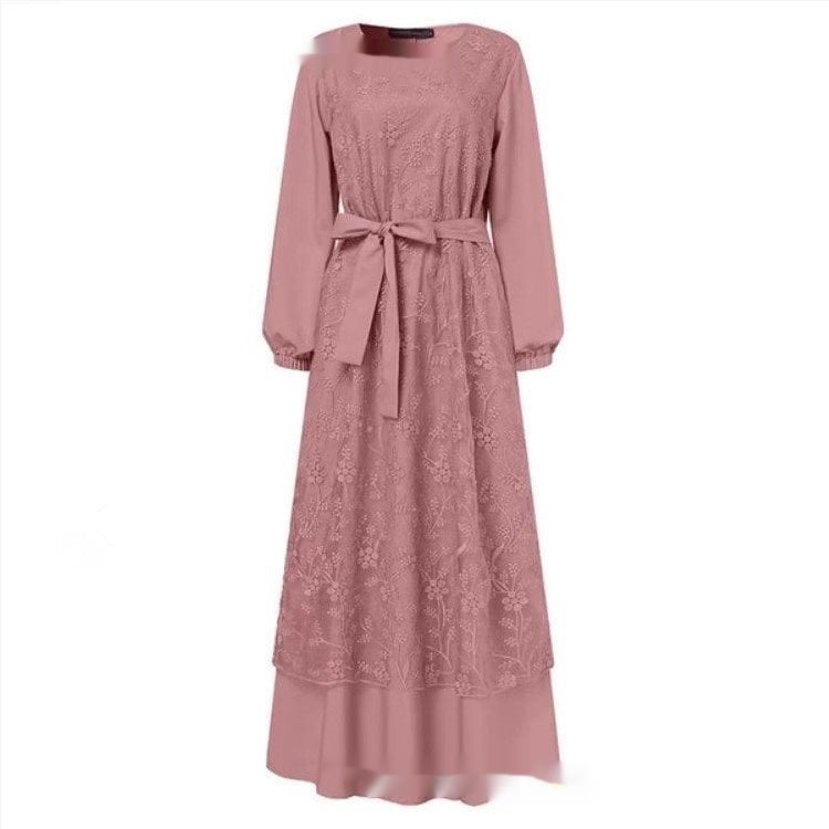 Muslim Round Neck Lace Floral Dress Image 6