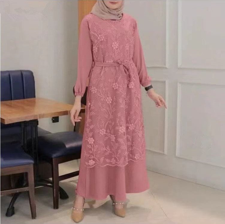 Muslim Round Neck Lace Floral Dress Image 4