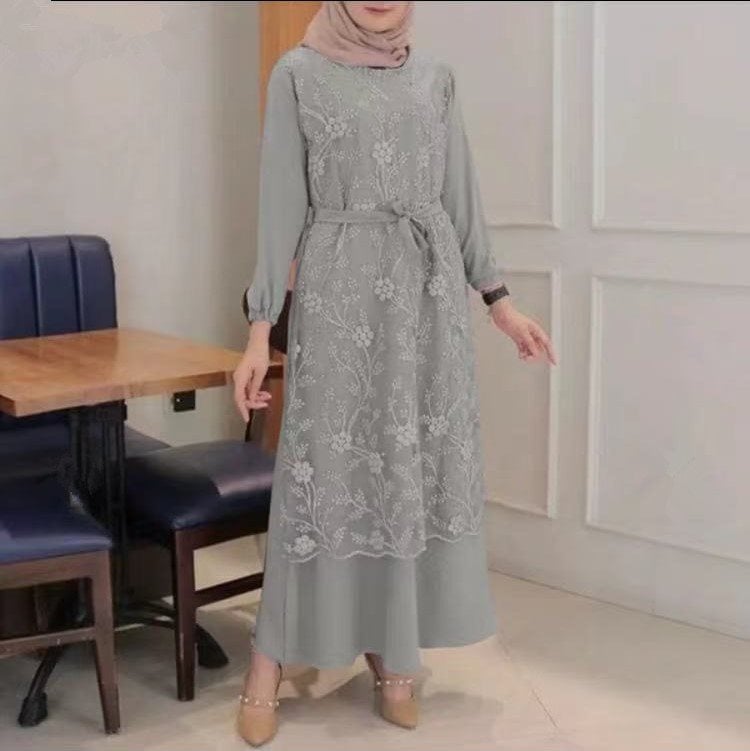 Muslim Round Neck Lace Floral Dress Image 2