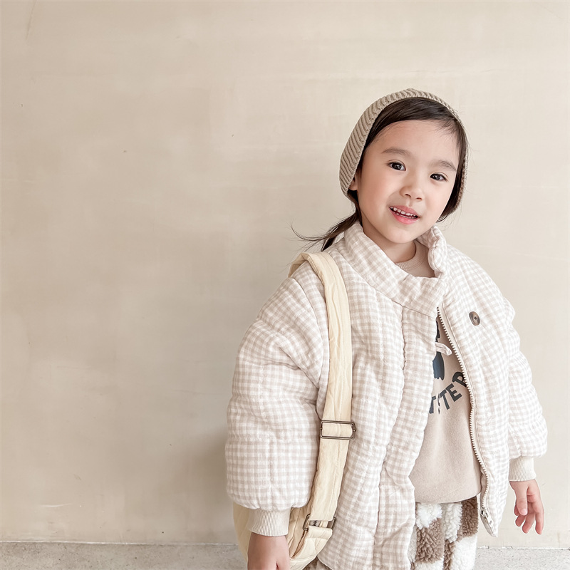 Girls' Plush And Thick Down Cotton Jacket in Beige - Side View