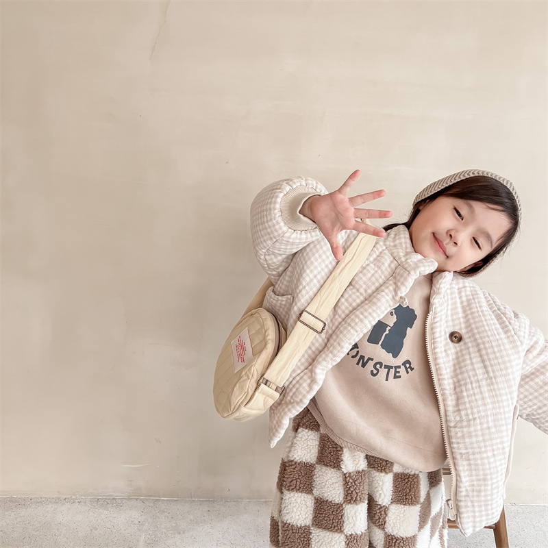 Girls' Plush And Thick Down Cotton Jacket in Coffee - Front View