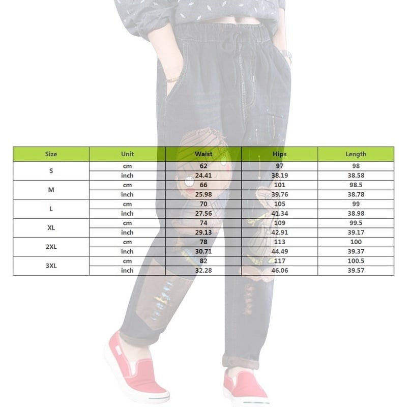 Old Color Retro Patch Cartoon Pattern Denim Women's Pants
