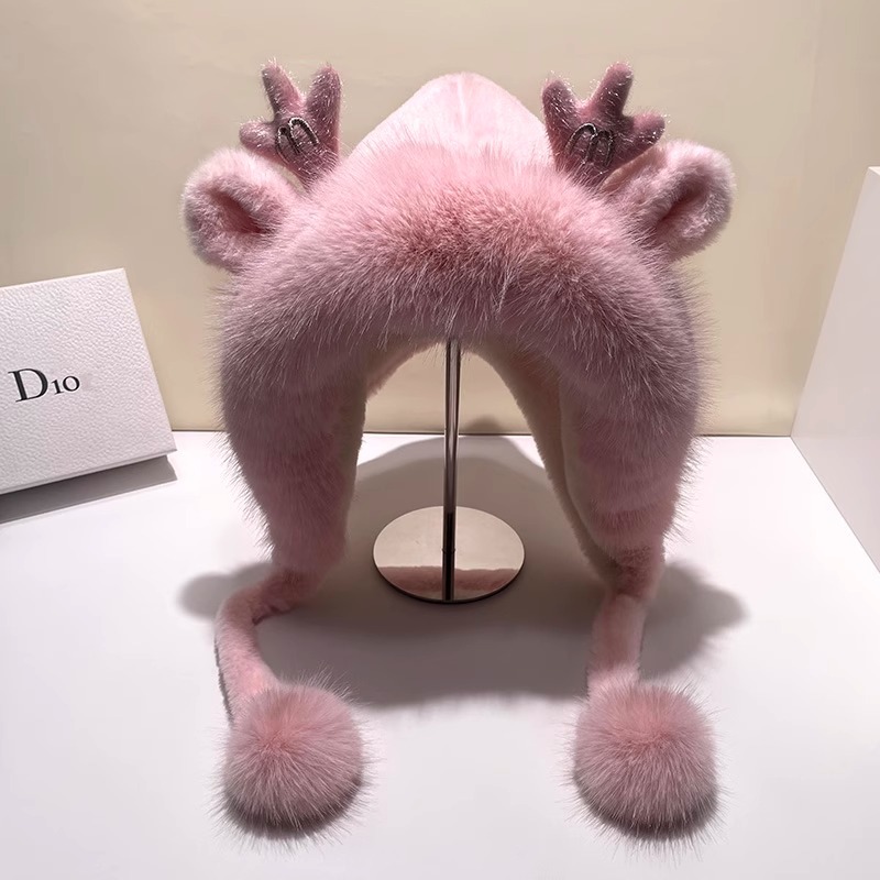 Plush Knitted Hat in Pink