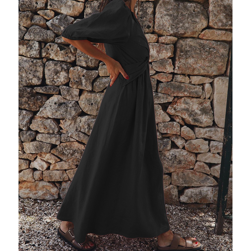 Vestido midi de cintura alta com decote em V que afina a silhueta - Imagem 3