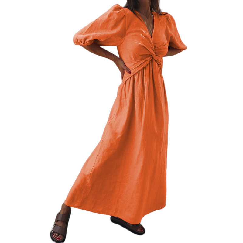 Vestido midi de cintura alta com decote em V que afina a silhueta - Imagem 7